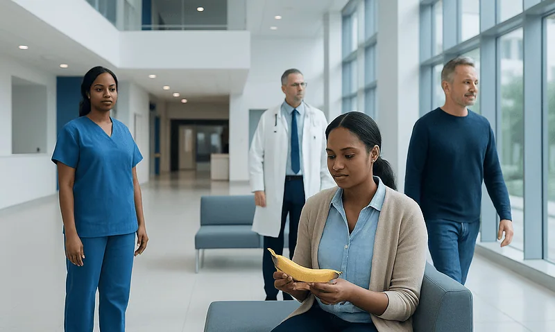 Diverse medical team in hospital corridor with patient using a tablet.