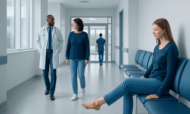 Medical consultation in hospital corridor with patient and doctors.
