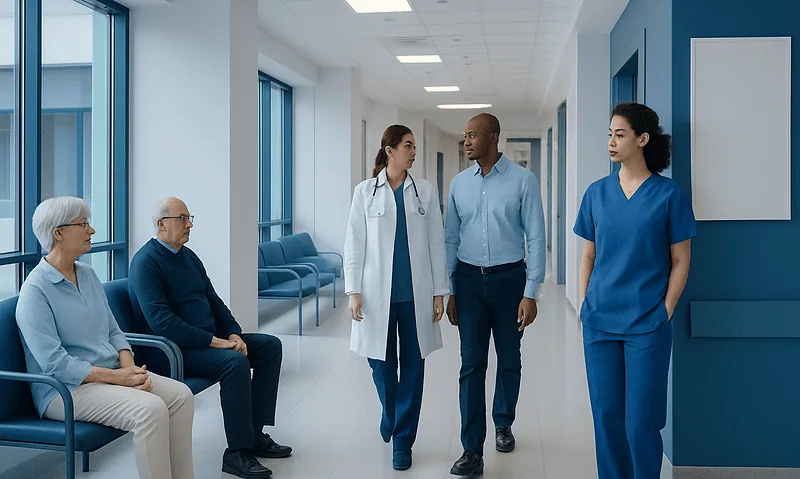 Medical team consulting patients in hospital corridor at Acibadem Hospitals Group.