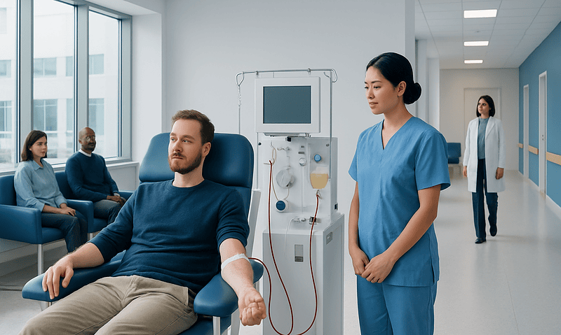Patient undergoing plasma exchange therapy in a hospital setting.