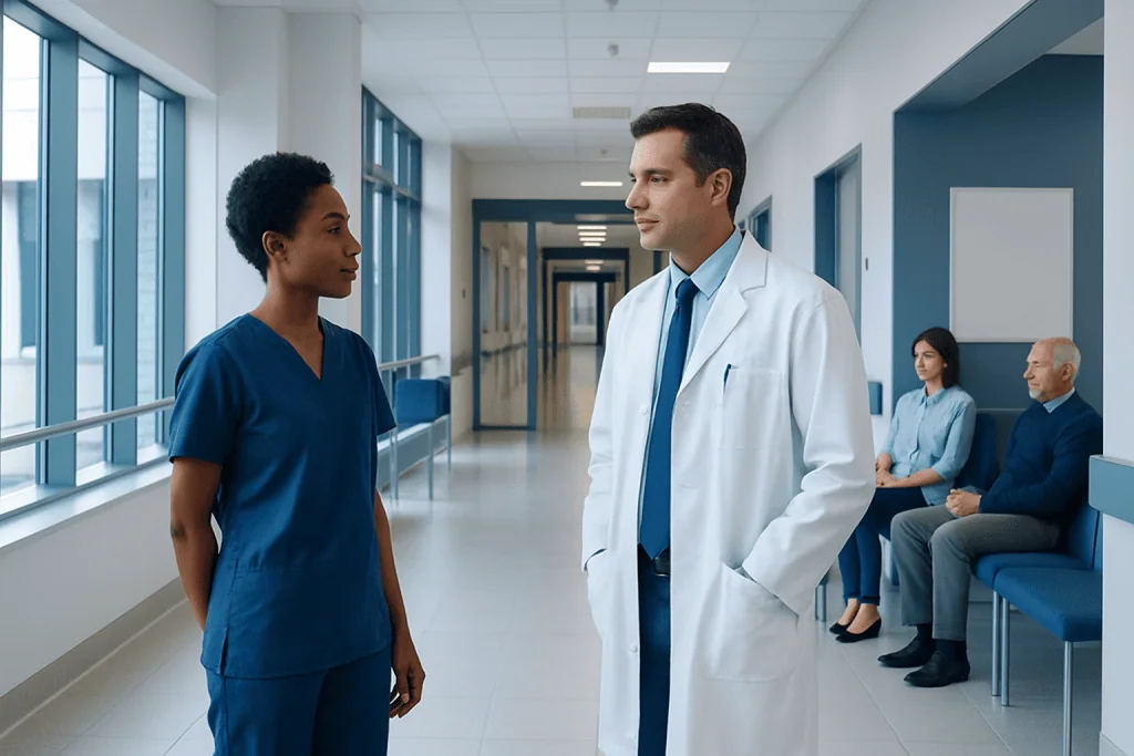 Plasmacytoma: Diagnosis, Outlook, and Modern Treatment Approaches 1 Doctor and nurse having a discussion in hospital corridor.