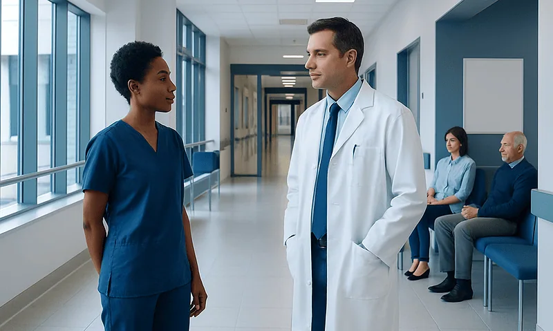Doctor and nurse having a discussion in hospital corridor.