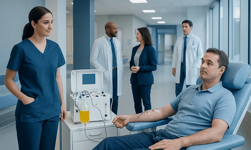 Patient donating blood in a modern hospital setting with medical staff nearby.