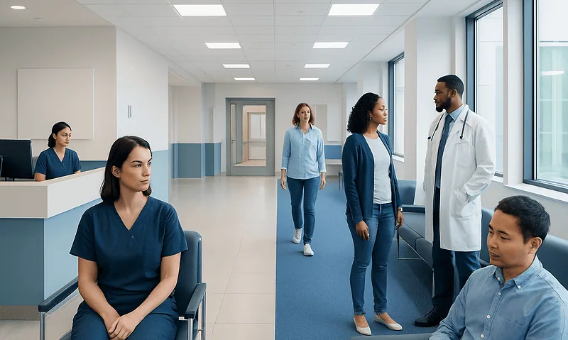 Medical staff and patients in a hospital corridor at Acibadem Hospitals Group.