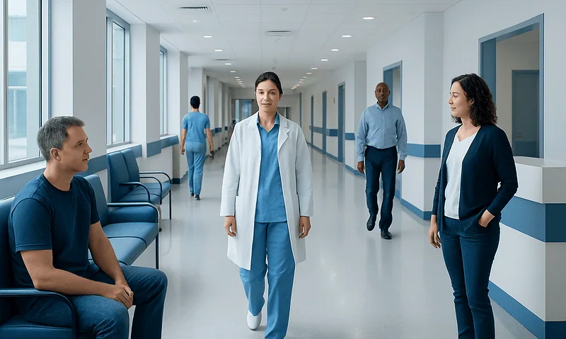 Platelet Count Blood Test: What Low and High Levels Mean — and What to Do Next 2 Healthcare professionals and patients in a modern hospital corridor.