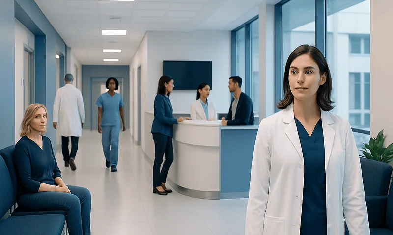 Healthcare professionals and patients in a modern hospital corridor.