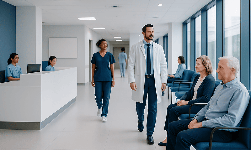 Medical staff and patients in a modern hospital corridor.