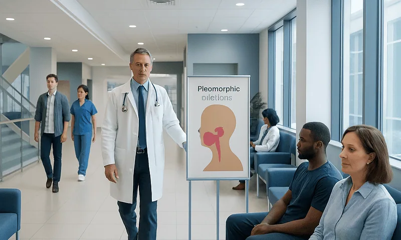 Doctor explaining pleomorphic dilations to patients in hospital corridor.