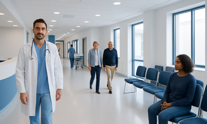 Healthcare professionals and patients in a modern hospital corridor.
