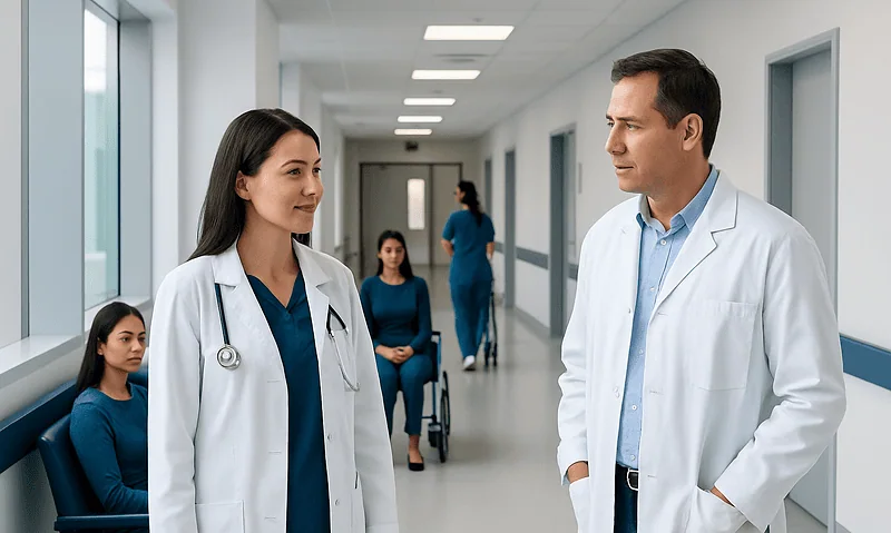 Doctors and patients in a hospital corridor at Acibadem Hospitals Group.