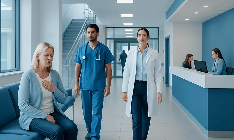 Patient experiencing chest pain in hospital corridor with medical staff nearby.