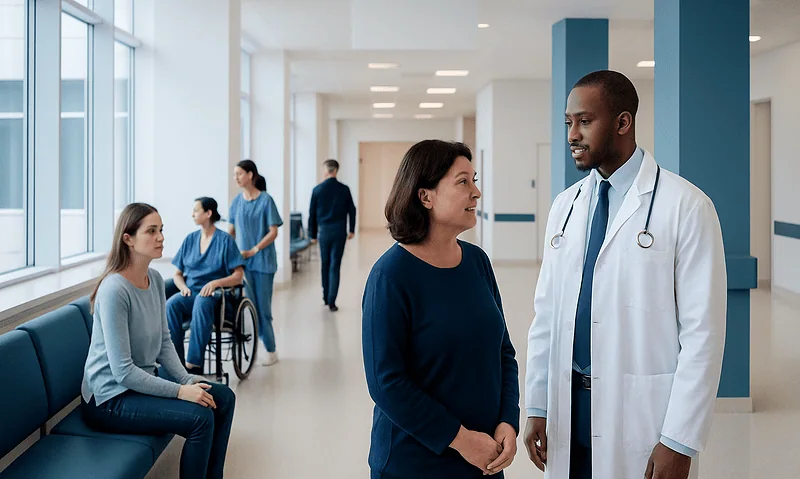 Doctor talking to a patient in a hospital corridor with other patients nearby.