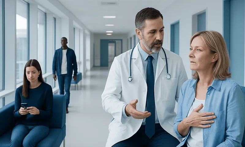 Doctor consulting with a female patient in a hospital corridor.
