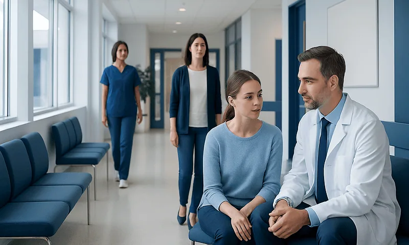 Doctor consulting with a young female patient in a hospital corridor.