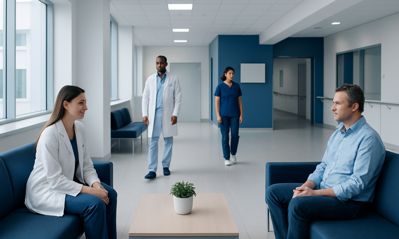Medical consultation in a modern hospital waiting area with doctors and patient.