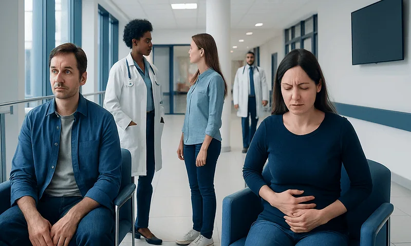 Patients experiencing discomfort in a hospital waiting area with medical staff nearby.