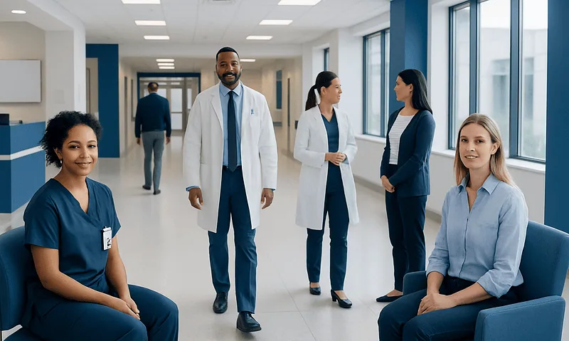 Healthcare professionals in a hospital corridor engaging with patients and staff.