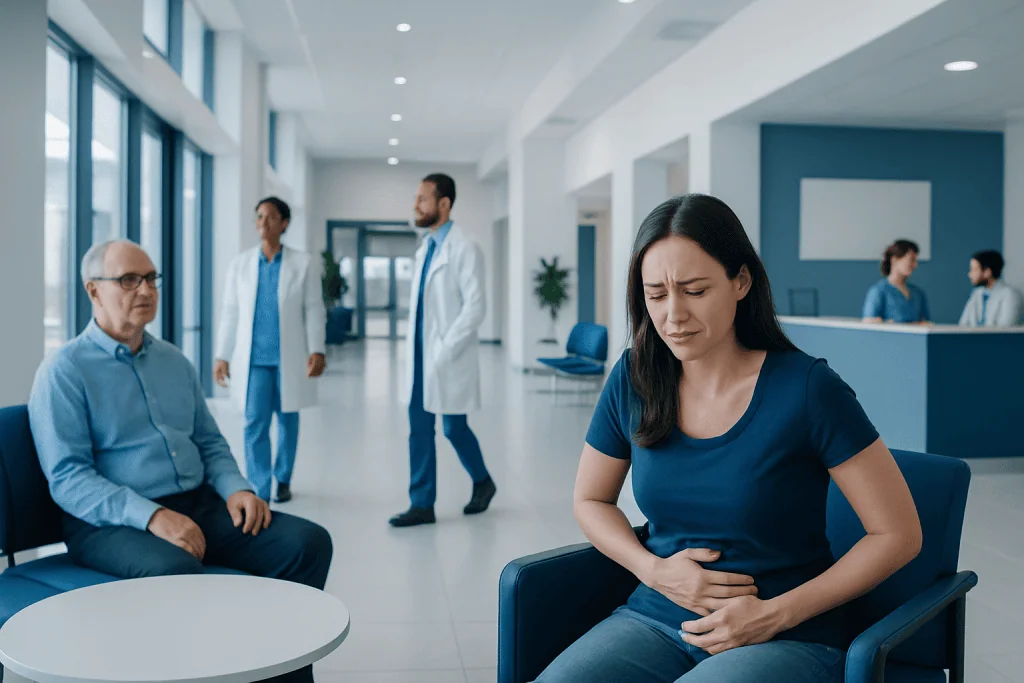Pms Symptoms: Possible Causes and When to Seek Care 1 Woman experiencing abdominal pain in a hospital waiting area.