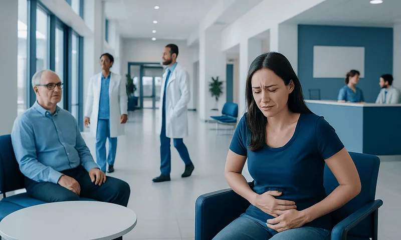 Woman experiencing abdominal pain in a hospital waiting area.