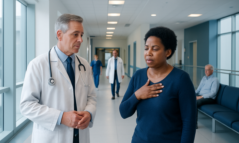 Doctor examining a woman with chest discomfort in hospital corridor.