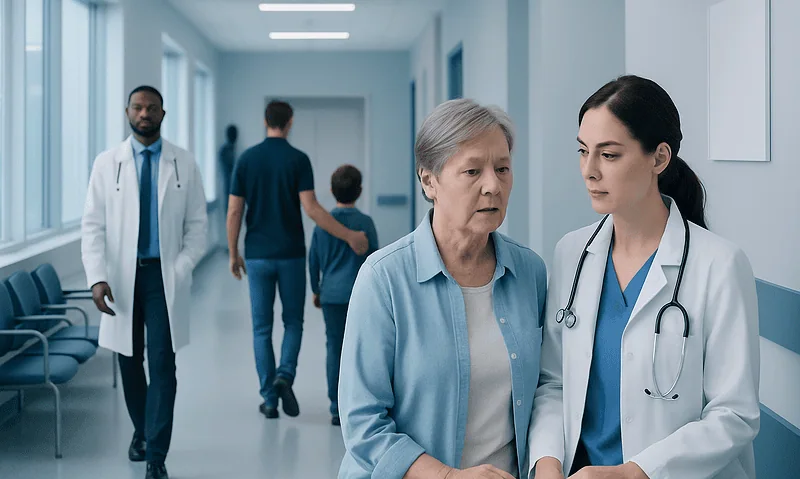 Doctor consulting an elderly patient in hospital corridor.