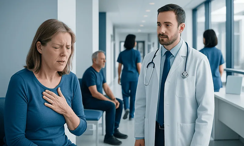 Patient experiencing chest pain in hospital corridor with doctor nearby.