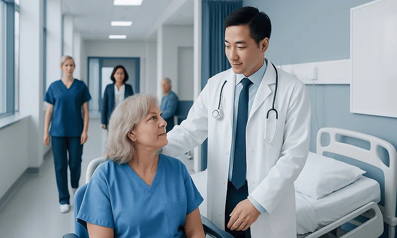 Doctor consulting with elderly patient in hospital room.