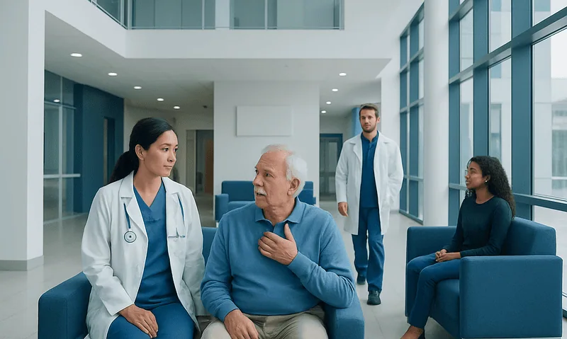 Doctor consulting with elderly patient in hospital lobby.