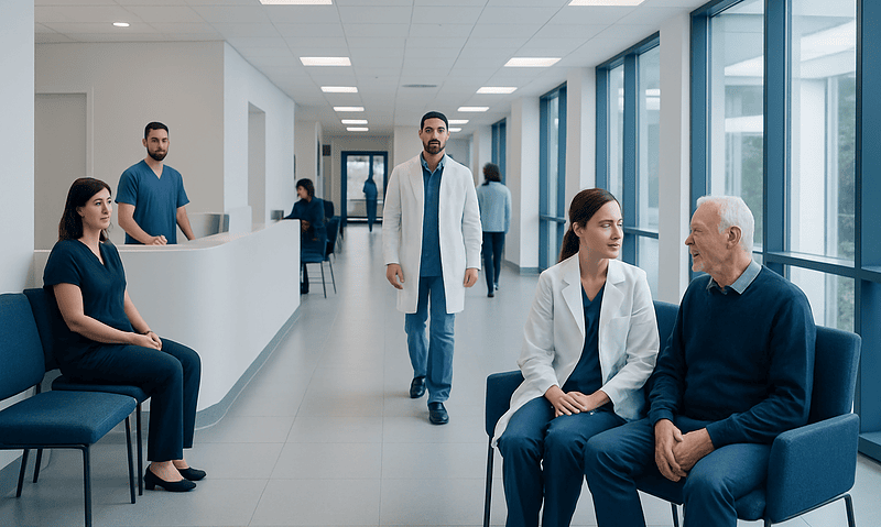 Patients waiting in a modern hospital corridor with medical staff present.