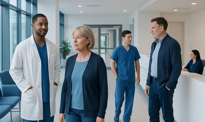 Medical professionals and patient in hospital lobby at Acibadem Hospitals Group.