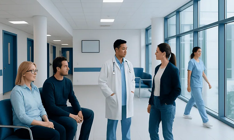 Medical consultation in hospital corridor with healthcare professionals and patients.