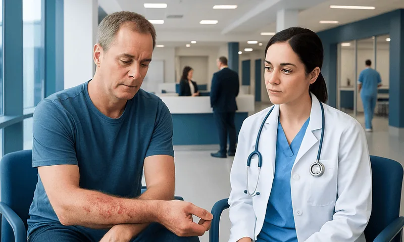 Patient with skin rash consulting a doctor in hospital.