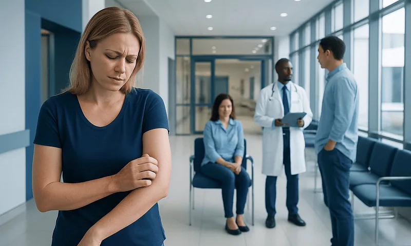 Woman with skin irritation in a hospital corridor with doctors and a nurse.