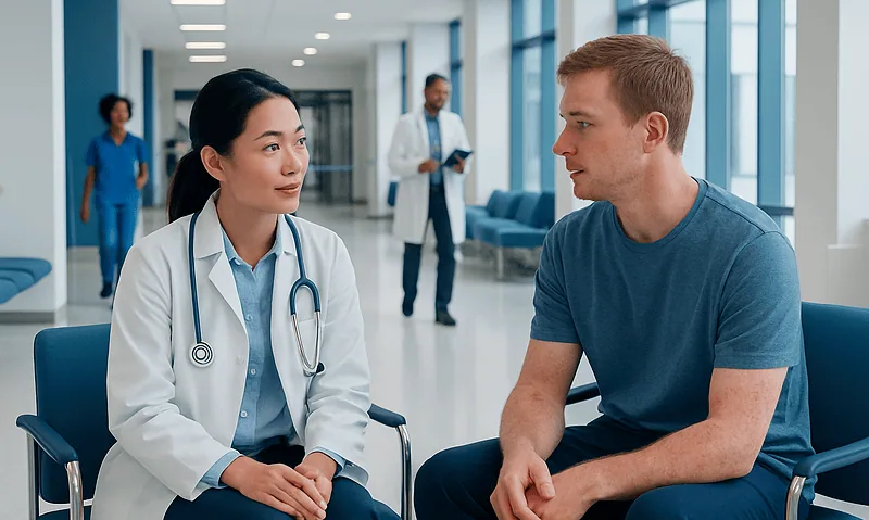 Doctor consulting with a patient in a modern hospital corridor.