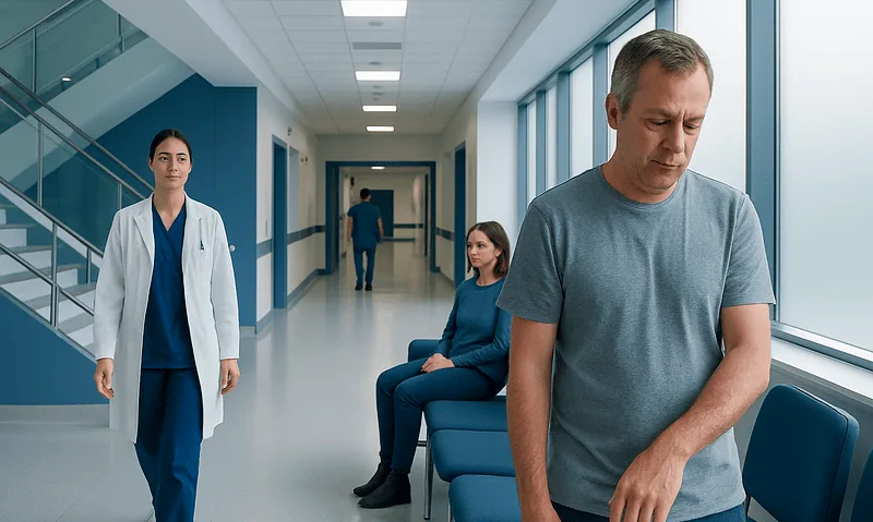 Patient waiting in hospital corridor at Acibadem Hospitals Group.