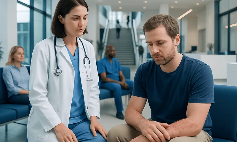 Doctor consulting patient in hospital lobby with medical staff in background.