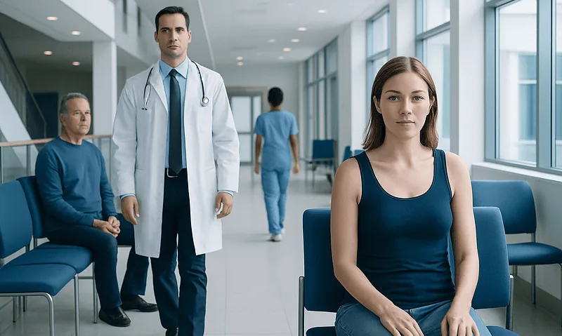 Medical consultation with patients in a hospital corridor.
