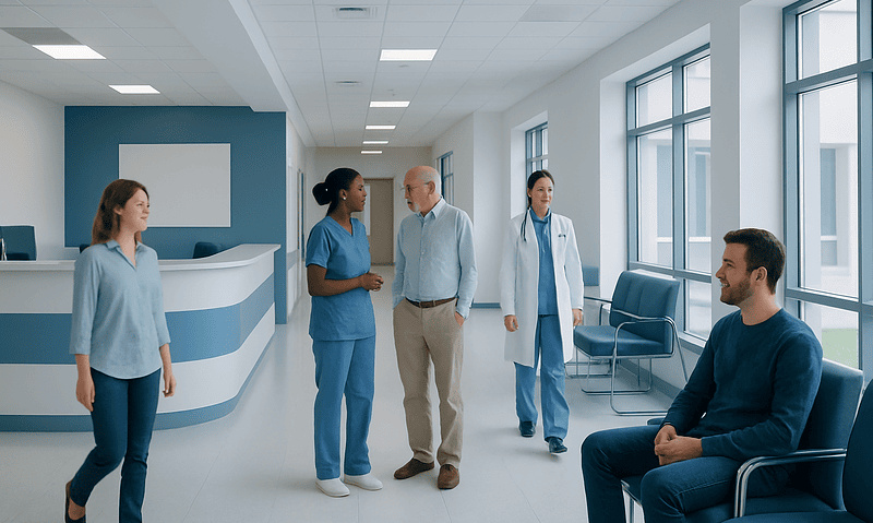 Medical team consulting patient in modern hospital corridor.