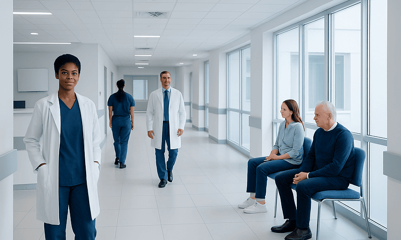 Medical professionals and patients in a modern hospital corridor.