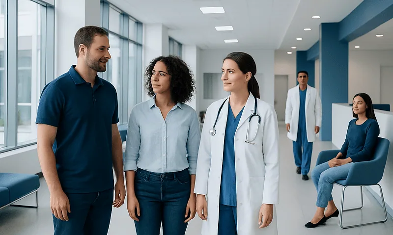 Medical team consulting with patient in hospital corridor.