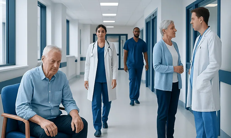 Patients and doctors in a hospital corridor at Acibadem Hospitals Group.