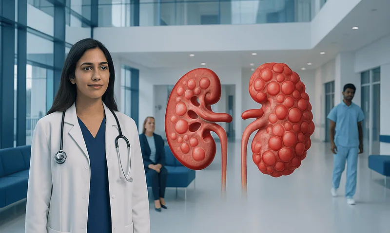 Medical professional with 3D kidney models in hospital setting.