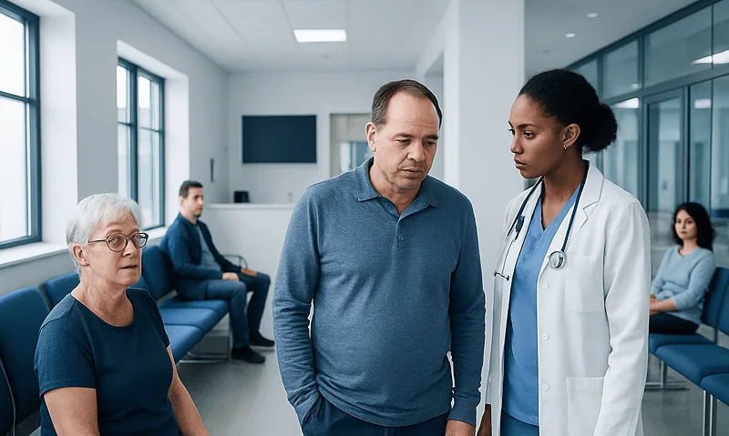 Doctor consulting with male patient in hospital waiting area.