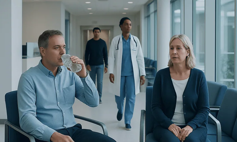 Patient drinking water in hospital corridor with medical staff nearby.