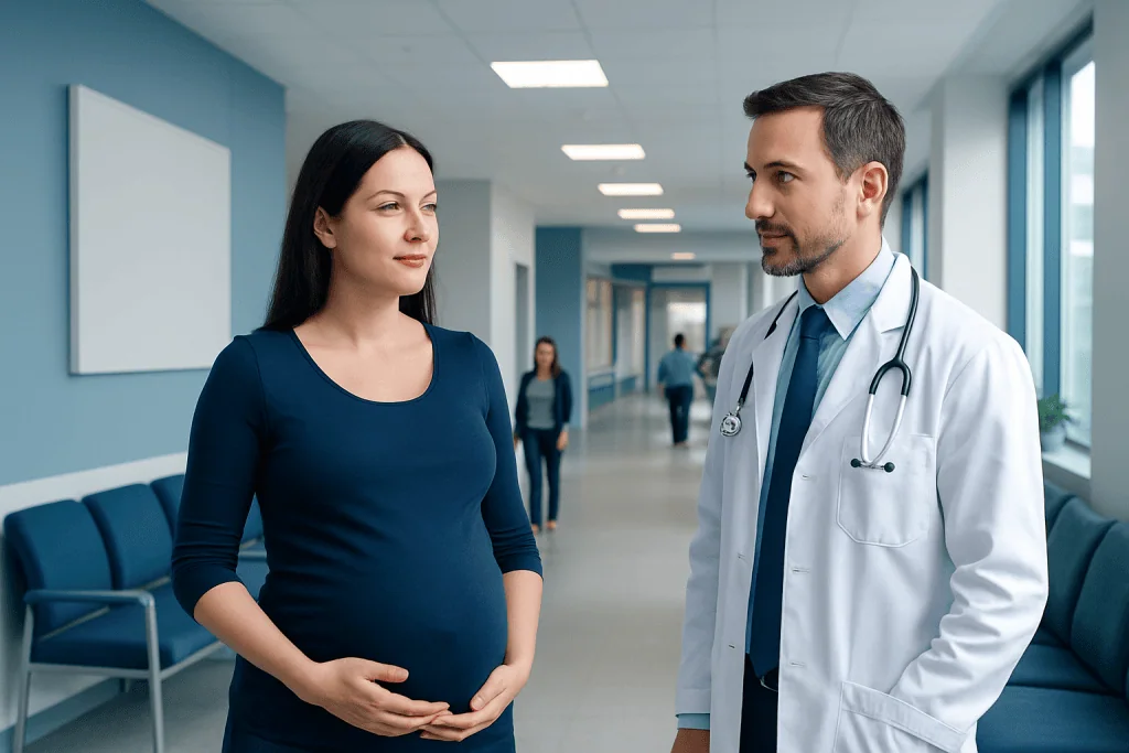 Polyhydramnios: An Evidence-Based Guide for Patients 1 Pregnant woman consulting with a doctor in a hospital corridor.