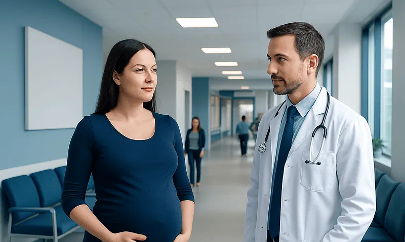 Pregnant woman consulting with a doctor in a hospital corridor.