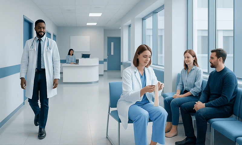 Medical consultation in a modern hospital with doctor and patients.