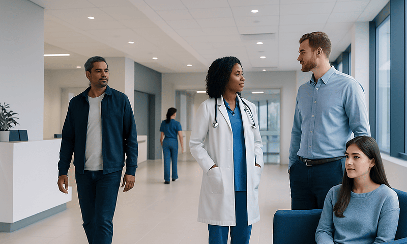 Healthcare professionals and patient in hospital lobby at Acibadem Hospitals Group.