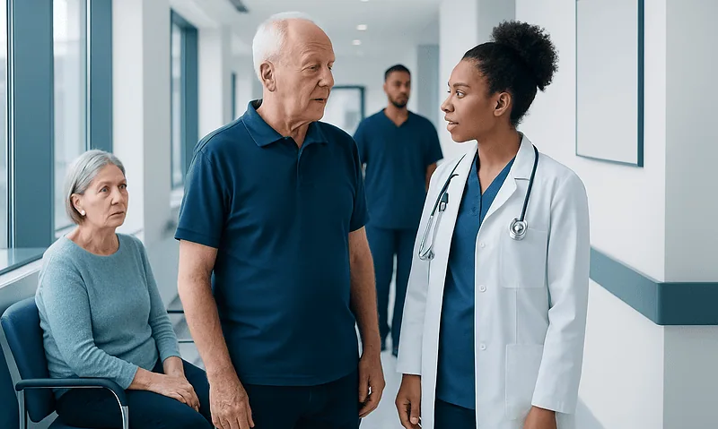 Doctor consulting elderly patient in hospital corridor.