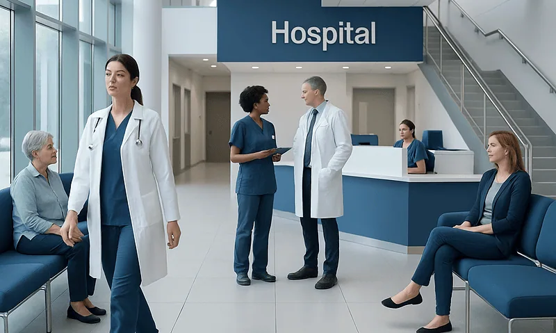 Hospital waiting area with medical staff and patients at Acibadem Hospitals Group.